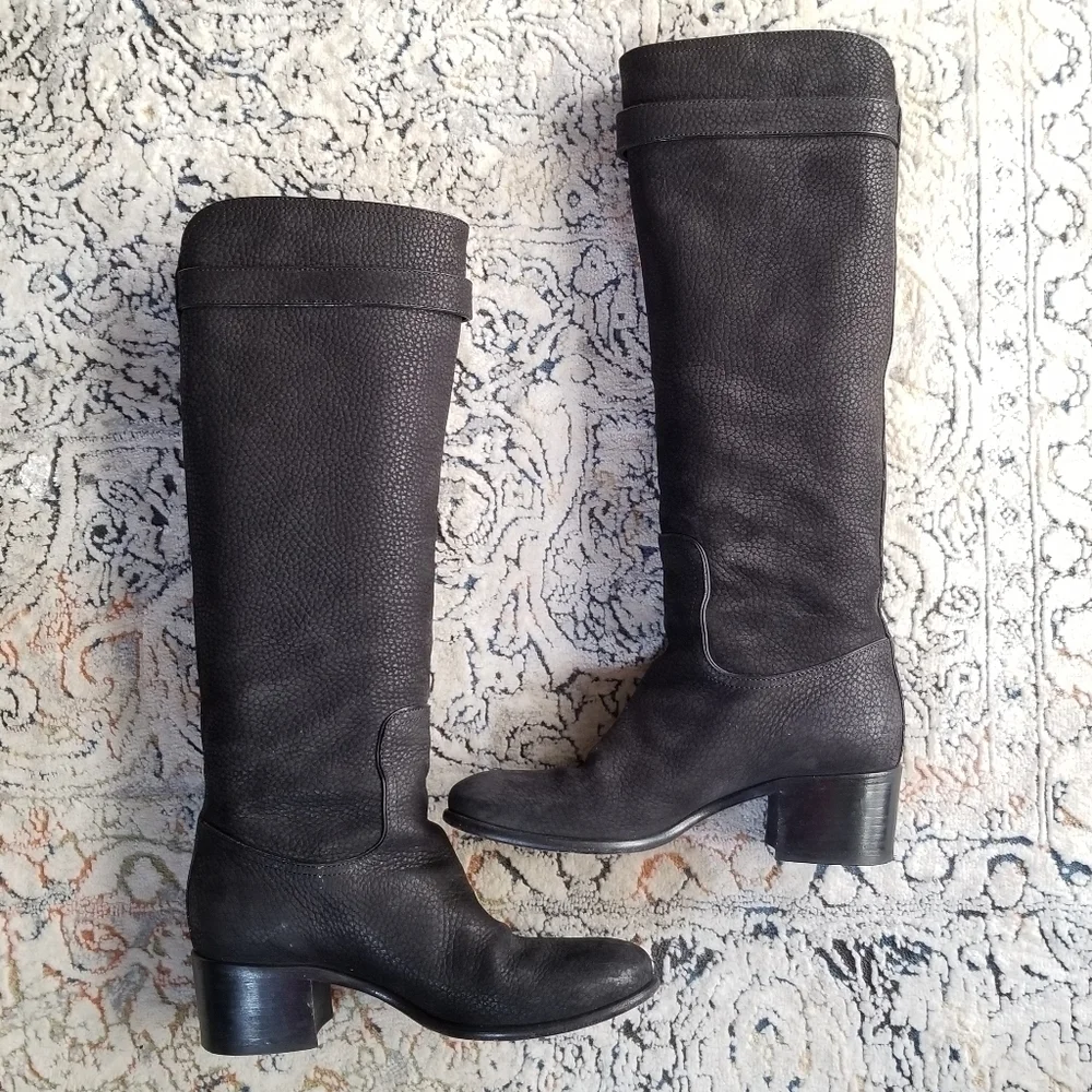 LOUIS VUITTON Black Grained Leather Suede Knee High Boots 35.5 - Picture 3 of 17